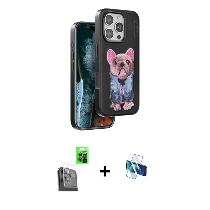 MARSİLYAN™- iPhone 16 Pro Kılıf İz Minimal Koleksiyonu - Siyah 3D Antistatik Seramik Nano Ekran Koruyucu + Raze Metal Kamera Lens - SH