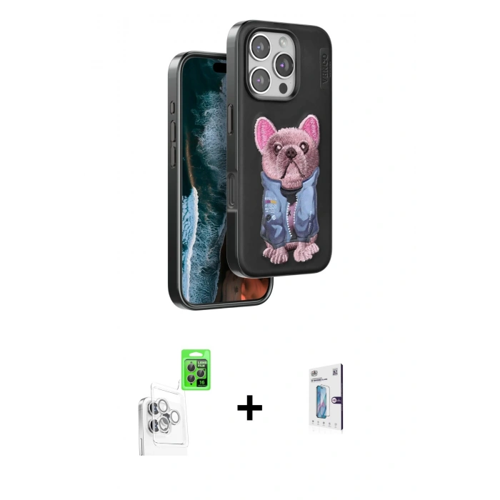 MARSİLYAN™- iPhone 16 Pro Kılıf İz Minimal Koleksiyonu - Siyah Bilvis 0.18mm Plus Cam Ekran Koruyucu + Raze Metal Kamera Lens - BZ
