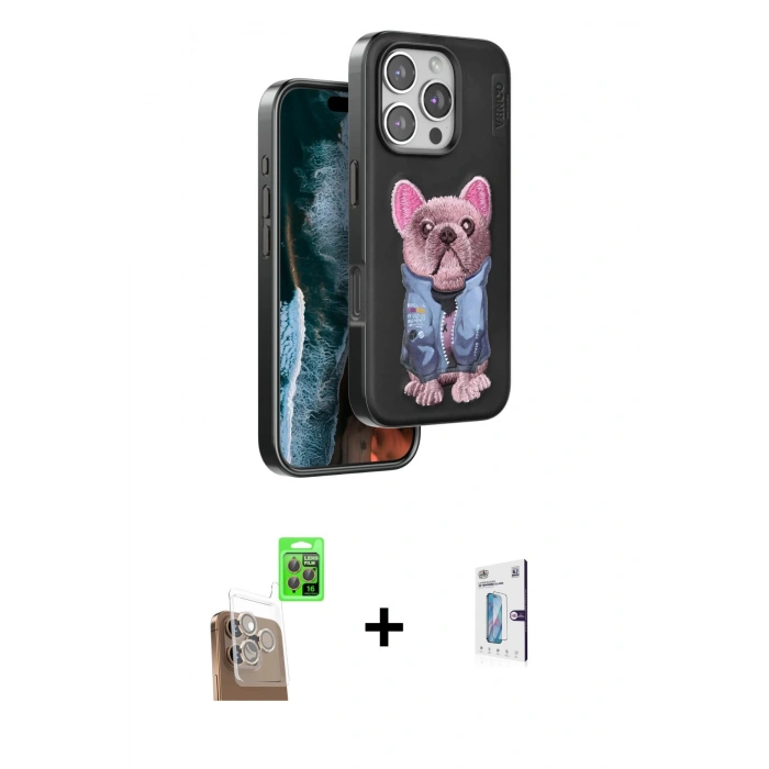 MARSİLYAN™- iPhone 16 Pro Kılıf İz Minimal Koleksiyonu - Siyah Bilvis 0.18mm Plus Cam Ekran Koruyucu + Raze Metal Kamera Lens - CLTM