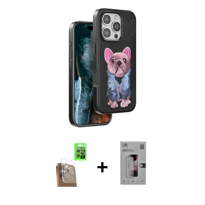 MARSİLYAN™- iPhone 16 Pro Kılıf İz Minimal Koleksiyonu - Siyah Bilvis 3D Mat Cam Ekran Koruyucu + Raze Metal Kamera Lens - CLTM