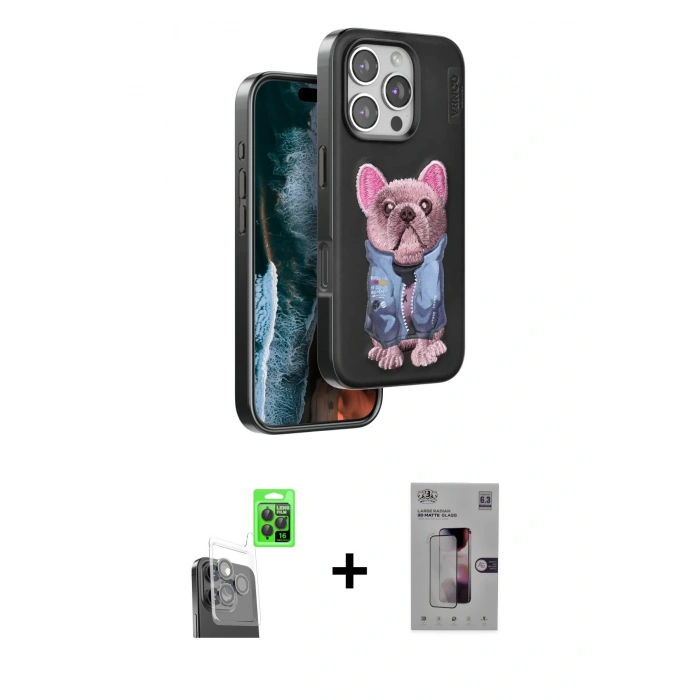 MARSİLYAN™- iPhone 16 Pro Kılıf İz Minimal Koleksiyonu - Siyah Bilvis 3D Mat Cam Ekran Koruyucu + Raze Metal Kamera Lens - SH