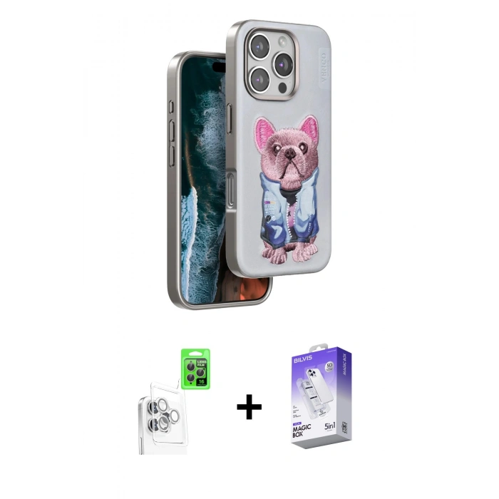 MARSİLYAN™- iPhone 16 Pro Kılıf İz Minimal Koleksiyonu - Siyah Bilvis 5in1 3D Magic Cam Ekran Koruyucu + Raze Metal Kamera Lens - BZ