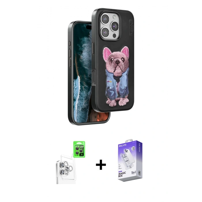 MARSİLYAN™- iPhone 16 Pro Kılıf İz Minimal Koleksiyonu - Siyah Bilvis 5in1 3D Magic Cam Ekran Koruyucu + Raze Metal Kamera Lens - BZ