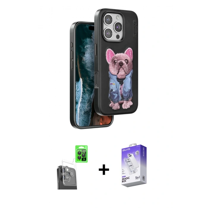 MARSİLYAN™- iPhone 16 Pro Kılıf İz Minimal Koleksiyonu - Siyah Bilvis 5in1 3D Magic Cam Ekran Koruyucu + Raze Metal Kamera Lens - SH