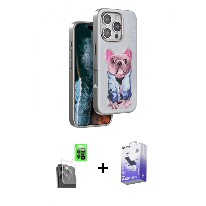 MARSİLYAN™- iPhone 16 Pro Kılıf İz Minimal Koleksiyonu - Siyah Bilvis 5in1 5D Magic Hayalet Cam Ekran Koruyucu + Raze Metal Kamera Lens - SH