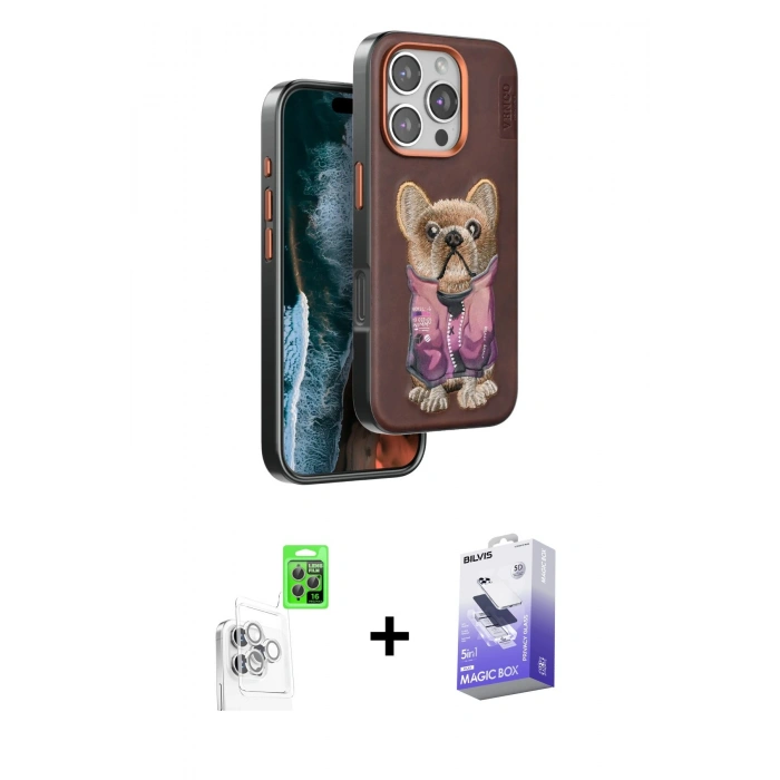 MARSİLYAN™- iPhone 16 Pro Kılıf İz Minimal Koleksiyonu - Siyah Bilvis 5in1 5D Magic Hayalet Cam Ekran Koruyucu + Raze Metal Kamera Lens - BZ