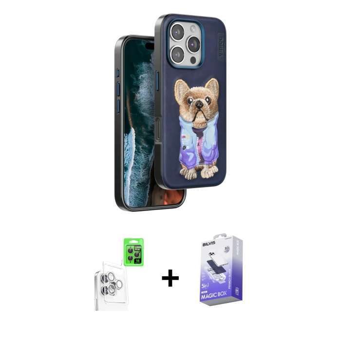 MARSİLYAN™- iPhone 16 Pro Kılıf İz Minimal Koleksiyonu - Siyah Bilvis 5in1 5D Magic Hayalet Cam Ekran Koruyucu + Raze Metal Kamera Lens - BZ
