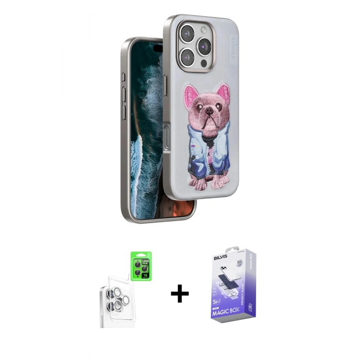 MARSİLYAN™- iPhone 16 Pro Kılıf İz Minimal Koleksiyonu - Siyah Bilvis 5in1 5D Magic Hayalet Cam Ekran Koruyucu + Raze Metal Kamera Lens - BZ