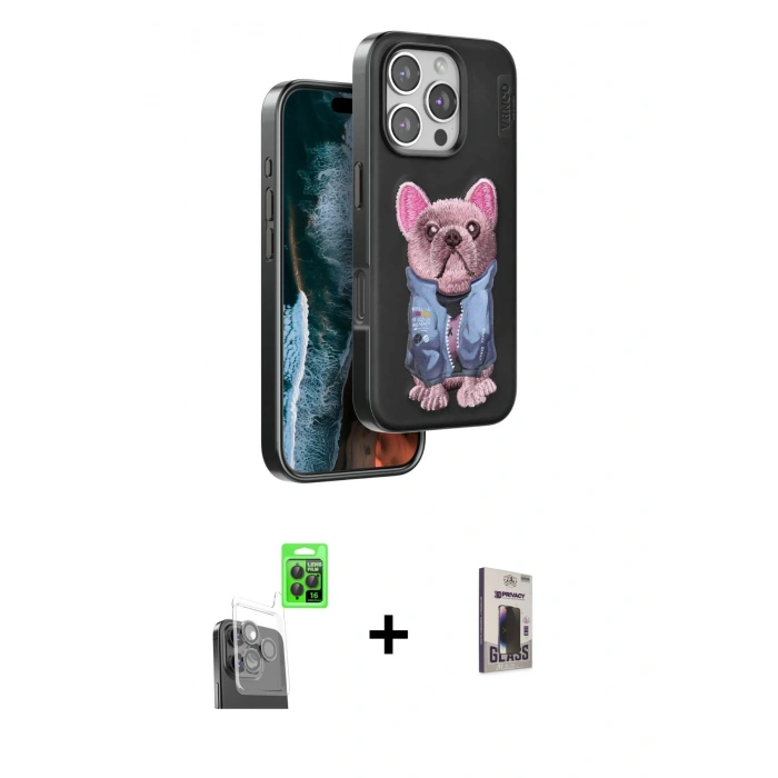 MARSİLYAN™- iPhone 16 Pro Kılıf İz Minimal Koleksiyonu - Siyah Bilvis Hayalet Cam Ekran Koruyucu + Raze Metal Kamera Lens - SH