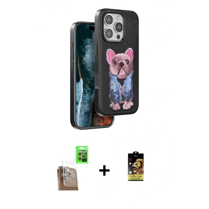 MARSİLYAN™- iPhone 16 Pro Kılıf İz Minimal Koleksiyonu - Siyah Buffer Cam Ekran Koruyucu + Raze Metal Kamera Lens - CLTM
