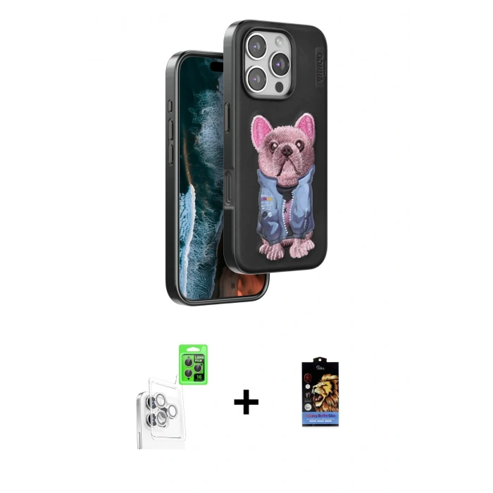 MARSİLYAN™- iPhone 16 Pro Kılıf İz Minimal Koleksiyonu - Siyah Buffer Hayalet Cam Ekran Koruyucu + Beyaz Raze Metal Kamera Lens