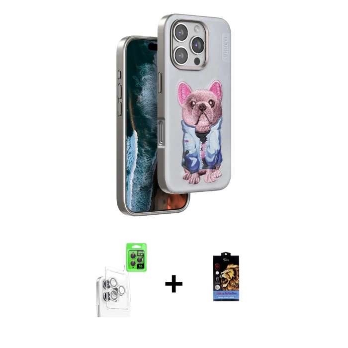 MARSİLYAN™- iPhone 16 Pro Kılıf İz Minimal Koleksiyonu - Siyah Buffer Hayalet Cam Ekran Koruyucu + Beyaz Raze Metal Kamera Lens