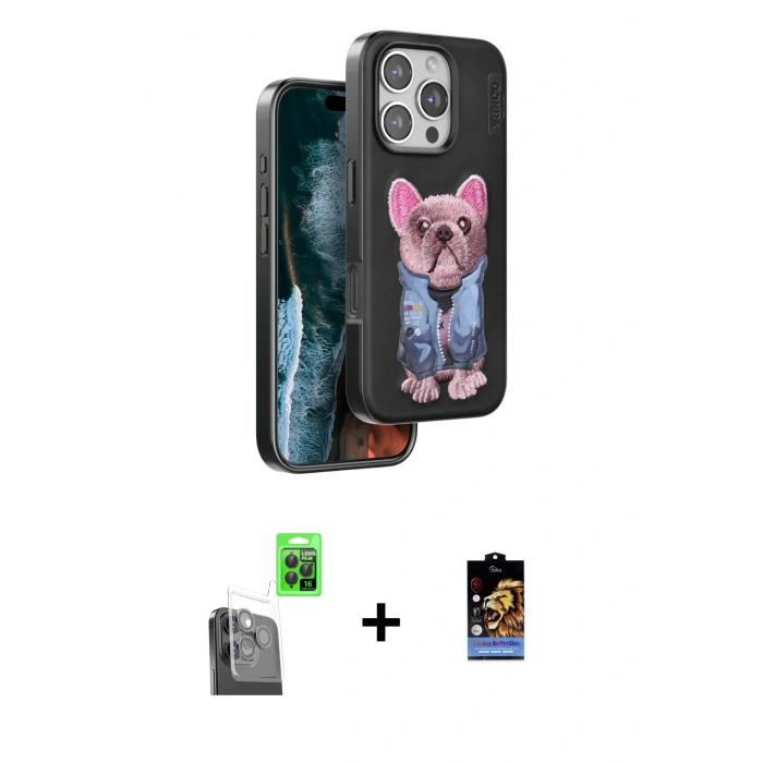 MARSİLYAN™- iPhone 16 Pro Kılıf İz Minimal Koleksiyonu - Siyah Buffer Hayalet Cam Ekran Koruyucu + Raze Metal Kamera Lens - SH