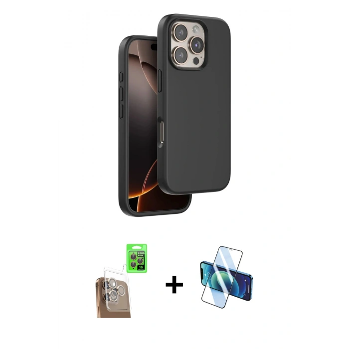 MARSİLYAN™- iPhone 16 Pro Kılıf Kıvılcım Çizgi Serisi - Siyah 3D Antistatik Cam Ekran Koruyucu + Raze Metal Kamera Lens - CLTM