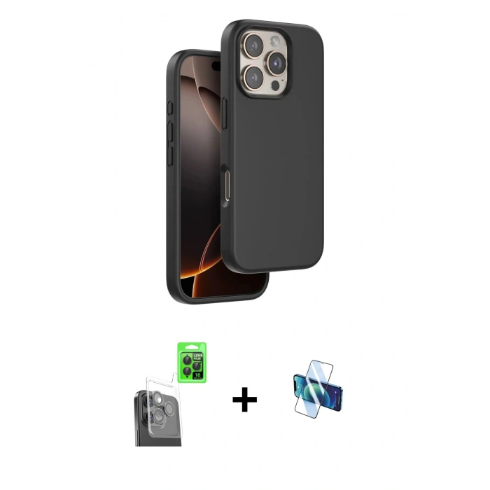 MARSİLYAN™- iPhone 16 Pro Kılıf Kıvılcım Çizgi Serisi - Siyah 3D Antistatik Seramik Nano Ekran Koruyucu + Raze Metal Kamera Lens - SH