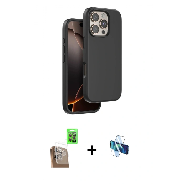 MARSİLYAN™- iPhone 16 Pro Kılıf Kıvılcım Çizgi Serisi - Siyah 3D Antistatik Seramik Nano Ekran Koruyucu + Raze Metal Kamera Lens - CLTM