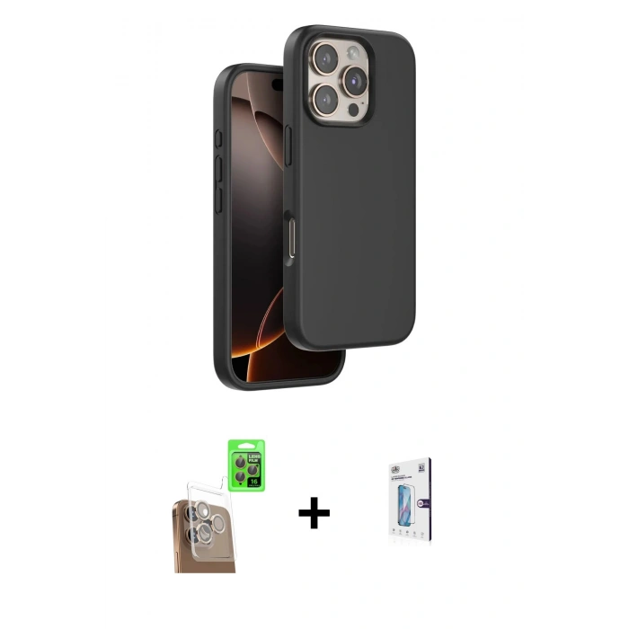 MARSİLYAN™- iPhone 16 Pro Kılıf Kıvılcım Çizgi Serisi - Siyah Bilvis 0.18mm Plus Cam Ekran Koruyucu + Raze Metal Kamera Lens - CLTM