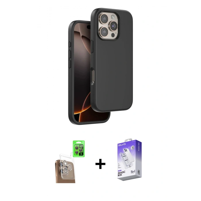 MARSİLYAN™- iPhone 16 Pro Kılıf Kıvılcım Çizgi Serisi - Siyah Bilvis 5in1 3D Magic Cam Ekran Koruyucu + Raze Metal Kamera Lens - CLTM
