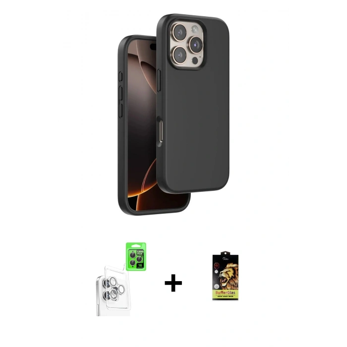 MARSİLYAN™- iPhone 16 Pro Kılıf Kıvılcım Çizgi Serisi - Siyah Buffer Cam Ekran Koruyucu + Beyaz Raze Metal Kamera Lens