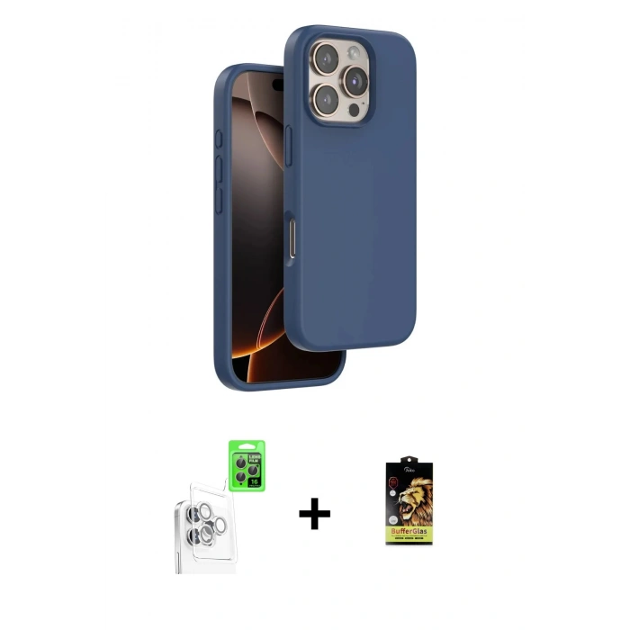 MARSİLYAN™- iPhone 16 Pro Kılıf Kıvılcım Çizgi Serisi - Siyah Buffer Cam Ekran Koruyucu + Beyaz Raze Metal Kamera Lens