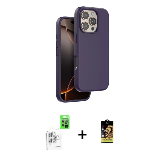 MARSİLYAN™- iPhone 16 Pro Kılıf Kıvılcım Çizgi Serisi - Siyah Buffer Cam Ekran Koruyucu + Beyaz Raze Metal Kamera Lens