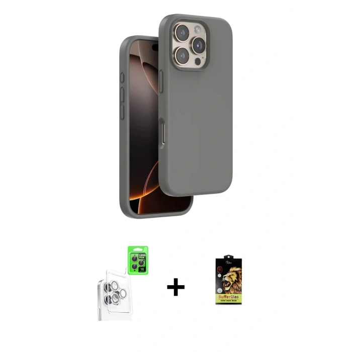 MARSİLYAN™- iPhone 16 Pro Kılıf Kıvılcım Çizgi Serisi - Siyah Buffer Cam Ekran Koruyucu + Beyaz Raze Metal Kamera Lens