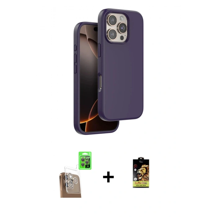 MARSİLYAN™- iPhone 16 Pro Kılıf Kıvılcım Çizgi Serisi - Siyah Buffer Cam Ekran Koruyucu + Çöl Titanyum Raze Metal Kamera Lens