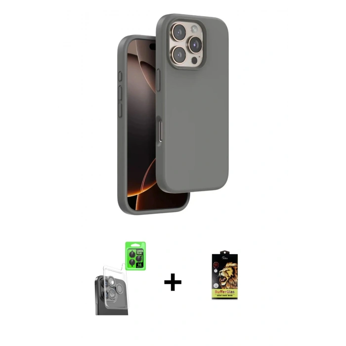 MARSİLYAN™- iPhone 16 Pro Kılıf Kıvılcım Çizgi Serisi - Siyah Buffer Cam Ekran Koruyucu + Siyah Raze Metal Kamera Lens
