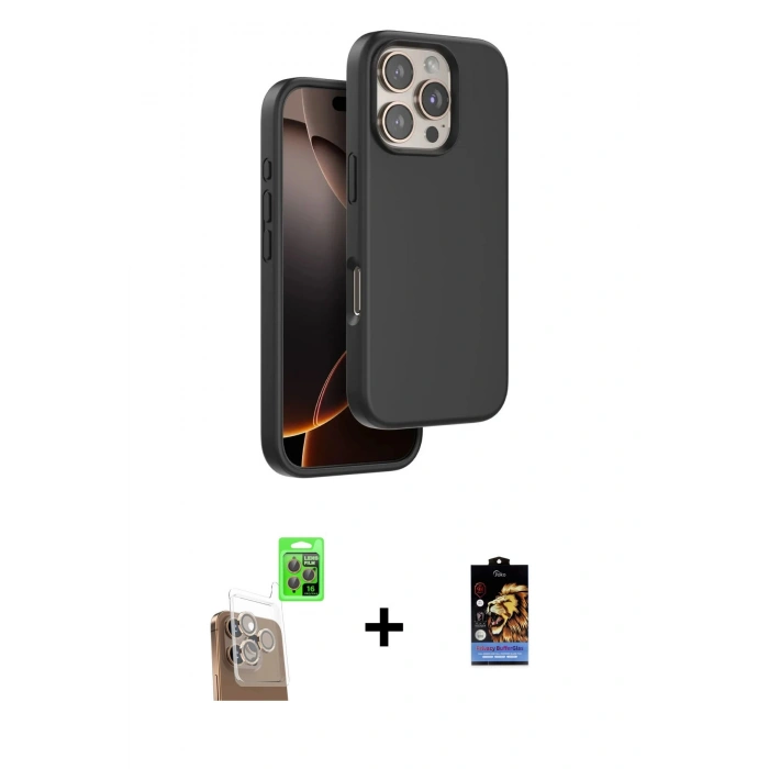 MARSİLYAN™- iPhone 16 Pro Kılıf Kıvılcım Çizgi Serisi - Siyah Buffer Hayalet Cam Ekran Koruyucu + Raze Metal Kamera Lens - CLTM