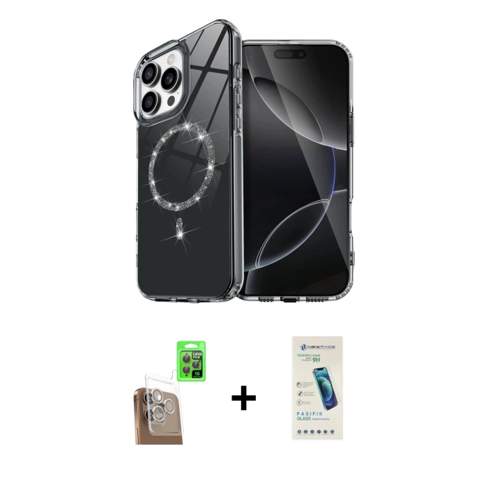 MARSİLYAN™- iPhone 16 Pro Kılıf Kıvılcım Form Prime - Şeffaf Pasifik Cam Ekran Koruyucu + Raze Metal Kamera Lens - CLTM