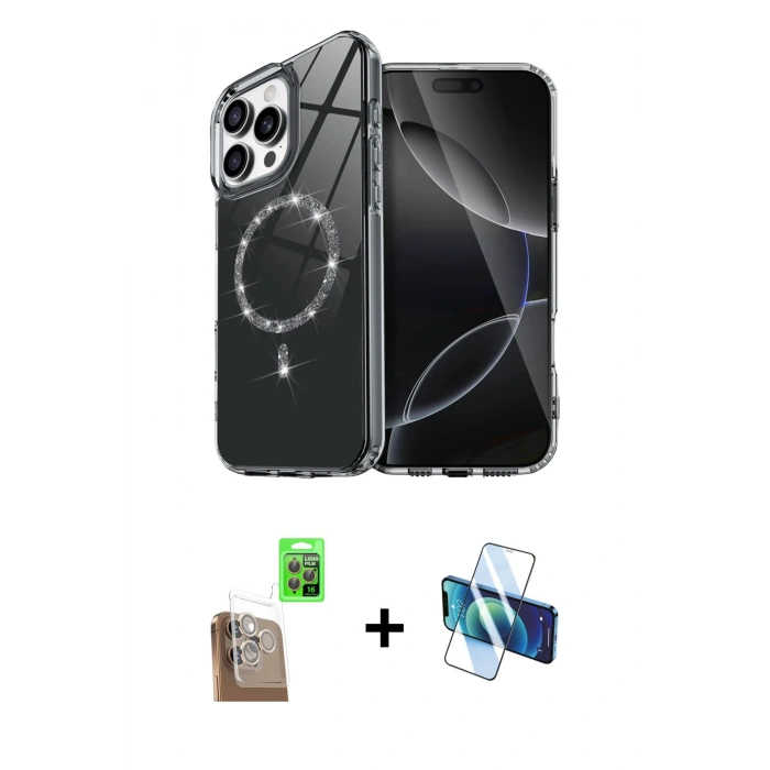 MARSİLYAN™- iPhone 16 Pro Kılıf Kıvılcım Form Prime - Siyah 3D Antistatik Cam Ekran Koruyucu + Raze Metal Kamera Lens - CLTM