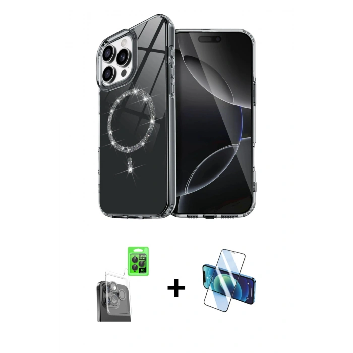 MARSİLYAN™- iPhone 16 Pro Kılıf Kıvılcım Form Prime - Siyah 3D Antistatik Cam Ekran Koruyucu + Siyah Raze Metal Kamera Lens