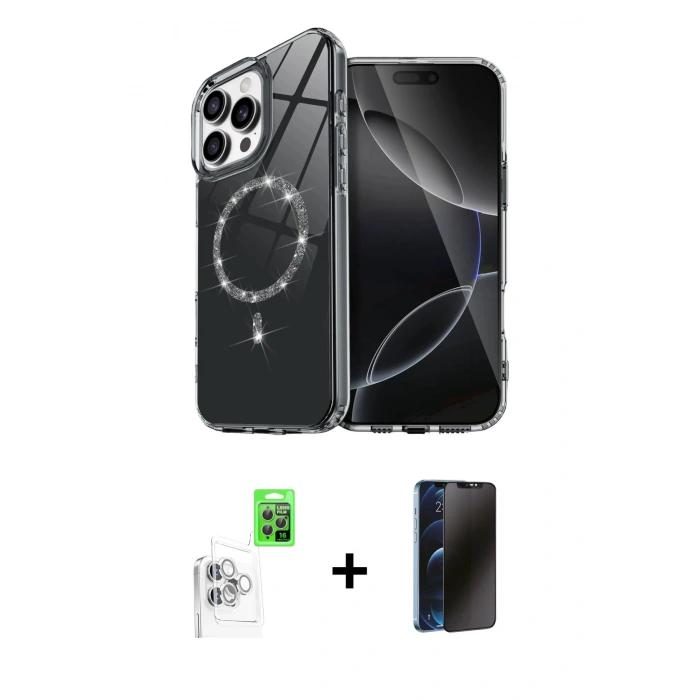 MARSİLYAN™- iPhone 16 Pro Kılıf Kıvılcım Form Prime - Siyah 3D Antistatik Hayalet Cam Ekran Koruyucu + Raze Metal Kamera Lens - BZ