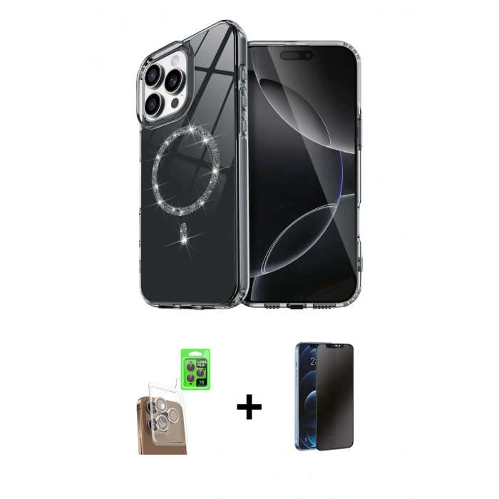 MARSİLYAN™- iPhone 16 Pro Kılıf Kıvılcım Form Prime - Siyah 3D Antistatik Hayalet Cam Ekran Koruyucu + Raze Metal Kamera Lens - CLTM