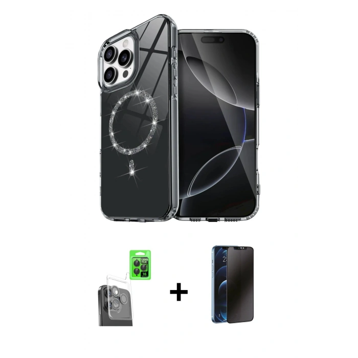 MARSİLYAN™- iPhone 16 Pro Kılıf Kıvılcım Form Prime - Siyah 3D Antistatik Hayalet Cam Ekran Koruyucu + Raze Metal Kamera Lens - SH
