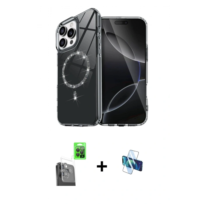 MARSİLYAN™- iPhone 16 Pro Kılıf Kıvılcım Form Prime - Siyah 3D Antistatik Seramik Nano Ekran Koruyucu + Raze Metal Kamera Lens - SH