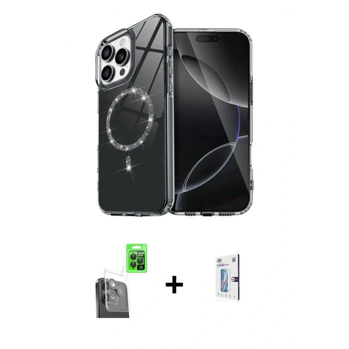 MARSİLYAN™- iPhone 16 Pro Kılıf Kıvılcım Form Prime - Siyah Bilvis 0.18mm Plus Cam Ekran Koruyucu + Raze Metal Kamera Lens - SH
