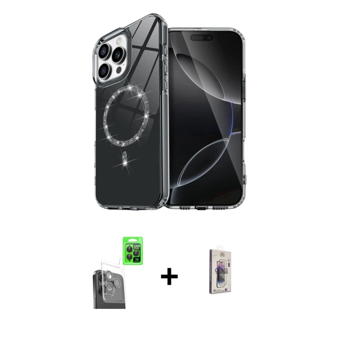 MARSİLYAN™- iPhone 16 Pro Kılıf Kıvılcım Form Prime - Siyah Bilvis 3D Cam Ekran Koruyucu + Raze Metal Kamera Lens - SH
