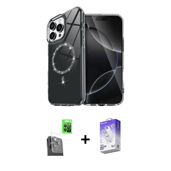 MARSİLYAN™- iPhone 16 Pro Kılıf Kıvılcım Form Prime - Siyah Bilvis 5in1 3D Magic Cam Ekran Koruyucu + Raze Metal Kamera Lens - SH