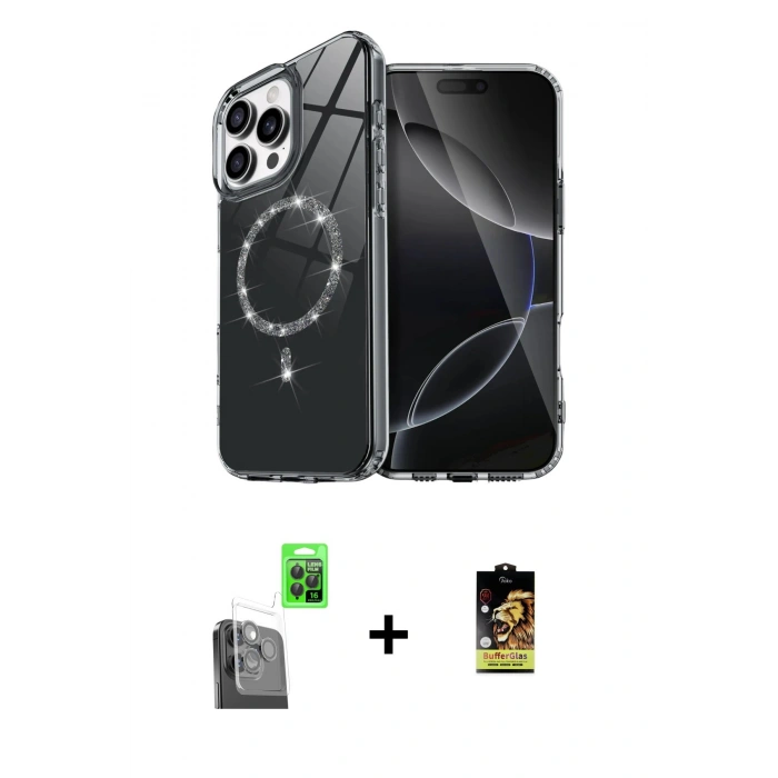 MARSİLYAN™- iPhone 16 Pro Kılıf Kıvılcım Form Prime - Siyah Buffer Cam Ekran Koruyucu + Raze Metal Kamera Lens - SH