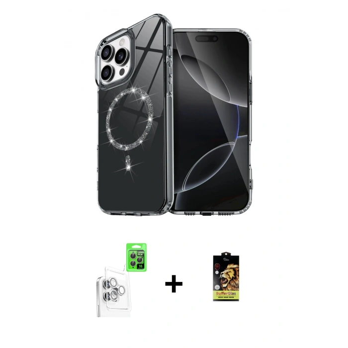 MARSİLYAN™- iPhone 16 Pro Kılıf Kıvılcım Form Prime - Siyah Buffer Cam Ekran Koruyucu + Raze Metal Kamera Lens - BZ