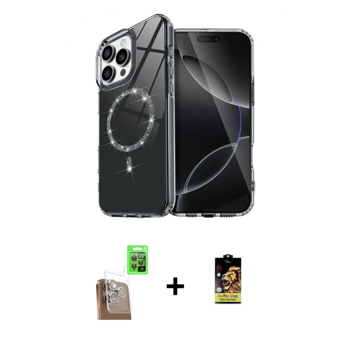 MARSİLYAN™- iPhone 16 Pro Kılıf Kıvılcım Form Prime - Siyah Buffer Cam Ekran Koruyucu + Raze Metal Kamera Lens - CLTM