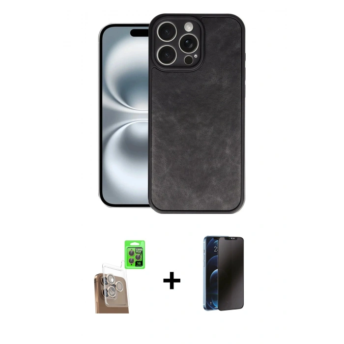 MARSİLYAN™- iPhone 16 Pro Kılıf Kıvılcım Işık Serisi - Siyah 3D Antistatik Hayalet Cam Ekran Koruyucu + Raze Metal Kamera Lens - CLTM