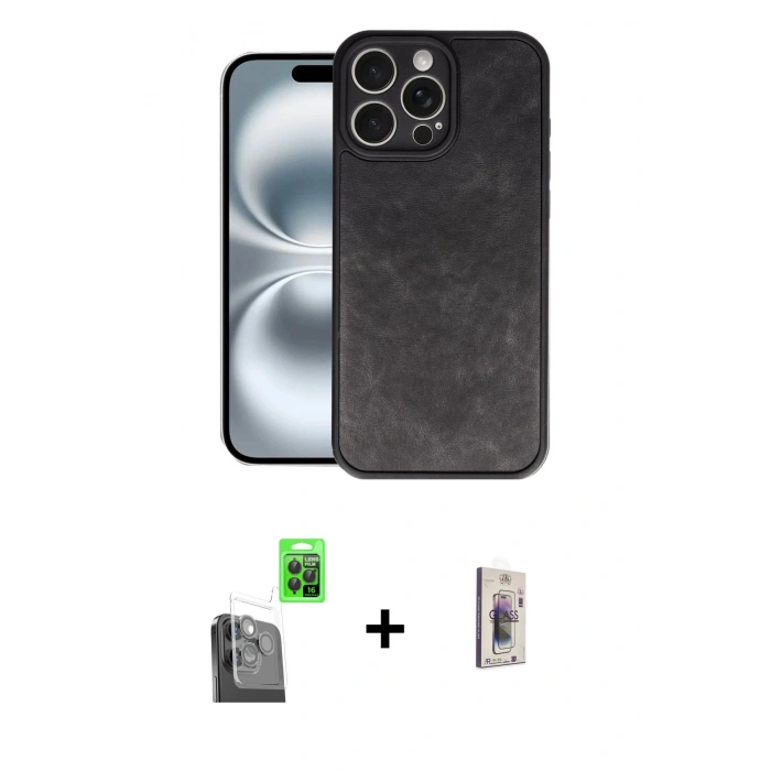 MARSİLYAN™- iPhone 16 Pro Kılıf Kıvılcım Işık Serisi - Siyah Bilvis 3D Cam Ekran Koruyucu + Raze Metal Kamera Lens - SH