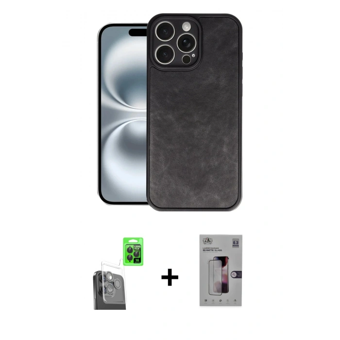 MARSİLYAN™- iPhone 16 Pro Kılıf Kıvılcım Işık Serisi - Siyah Bilvis 3D Mat Cam Ekran Koruyucu + Raze Metal Kamera Lens - SH