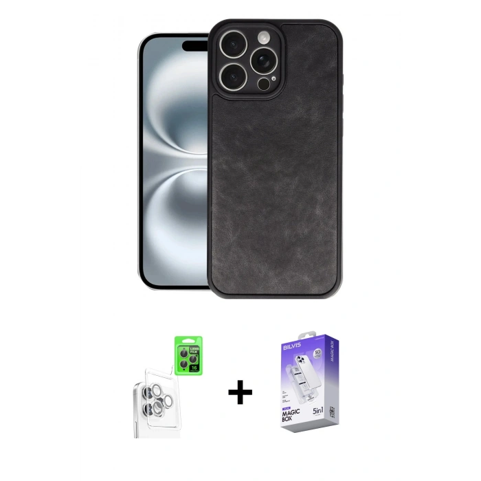 MARSİLYAN™- iPhone 16 Pro Kılıf Kıvılcım Işık Serisi - Siyah Bilvis 5in1 3D Magic Cam Ekran Koruyucu + Raze Metal Kamera Lens - BZ