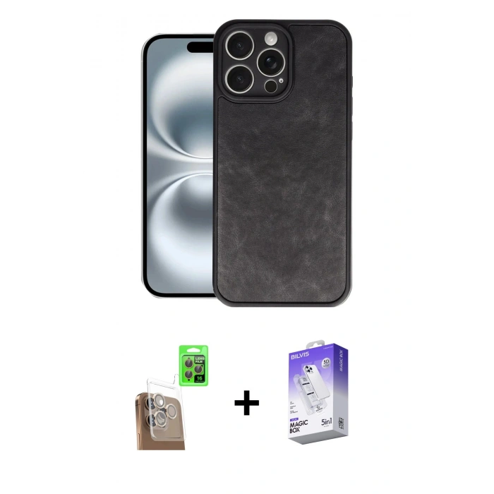 MARSİLYAN™- iPhone 16 Pro Kılıf Kıvılcım Işık Serisi - Siyah Bilvis 5in1 3D Magic Cam Ekran Koruyucu + Raze Metal Kamera Lens - CLTM