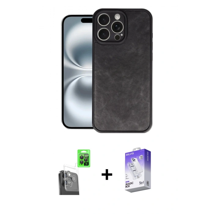MARSİLYAN™- iPhone 16 Pro Kılıf Kıvılcım Işık Serisi - Siyah Bilvis 5in1 3D Magic Cam Ekran Koruyucu + Siyah Raze Metal Kamera Lens