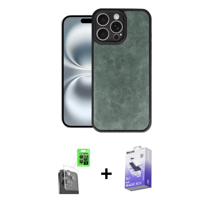MARSİLYAN™- iPhone 16 Pro Kılıf Kıvılcım Işık Serisi - Siyah Bilvis 5in1 5D Magic Hayalet Cam Ekran Koruyucu + Raze Metal Kamera Lens - SH