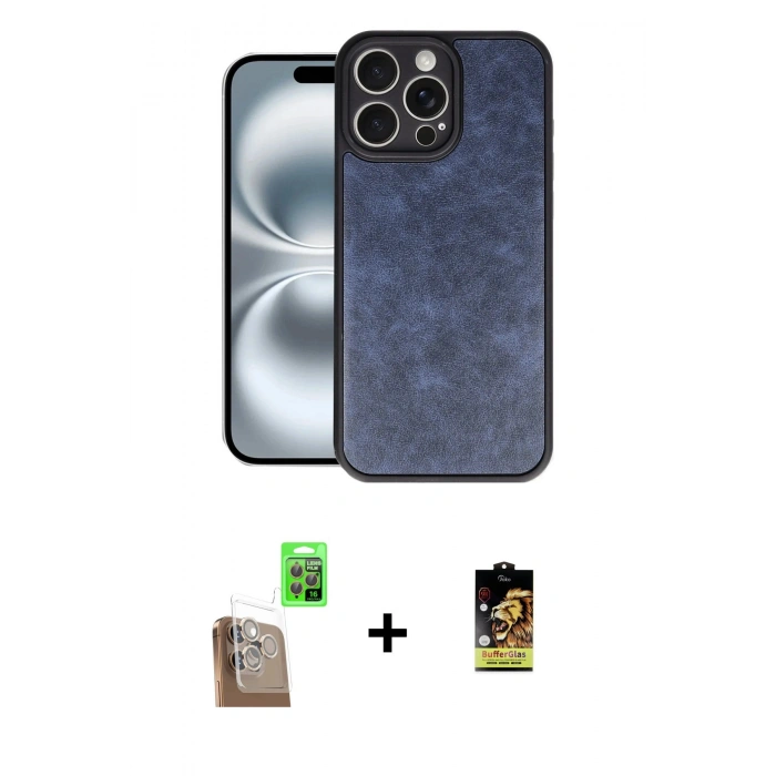 MARSİLYAN™- iPhone 16 Pro Kılıf Kıvılcım Işık Serisi - Siyah Buffer Cam Ekran Koruyucu + Çöl Titanyum Raze Metal Kamera Lens